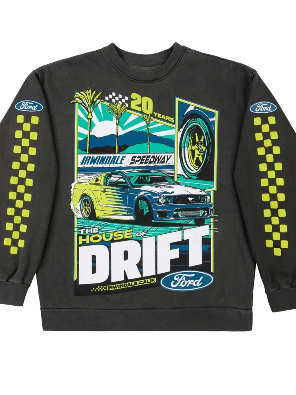 Ford Black Sweatshirt with Neon Green & Teal Racing Graphic
